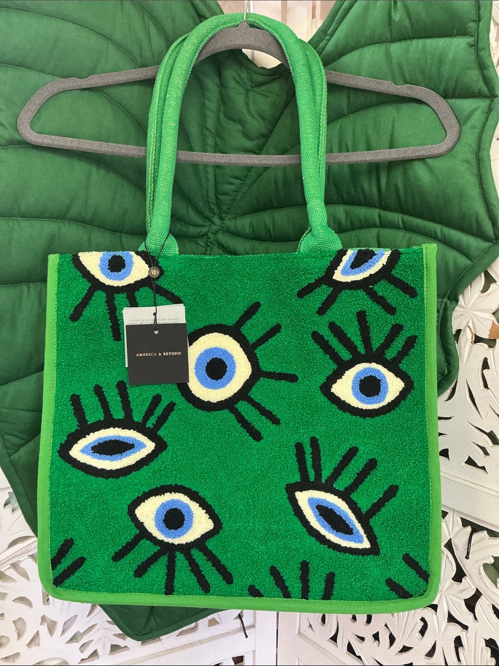 NWT America and Beyond whimsical wonder green evil eye tote, color: Forest.